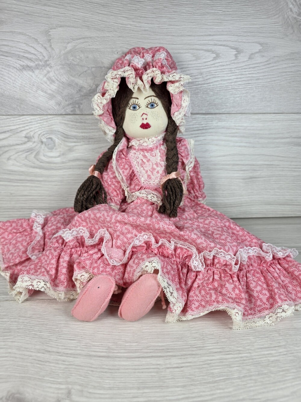 Vtg Primitive FOLK ART Handmade Embroidery Face Rag Doll 13” Pink Floral SU7